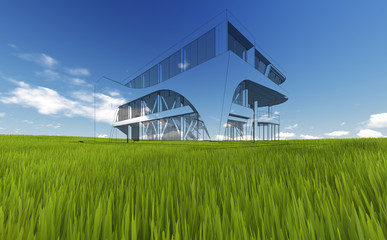 Wireframe Building on green grass and blue sky. Extremely high detailed quality render. Copyspace. Green landscapes collection