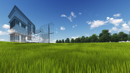 Wireframe Building on green grass and blue sky. Extremely high detailed quality render. Copyspace. Green landscapes collection