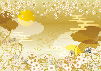 Fototapeta na wymiar 桜と金の和柄