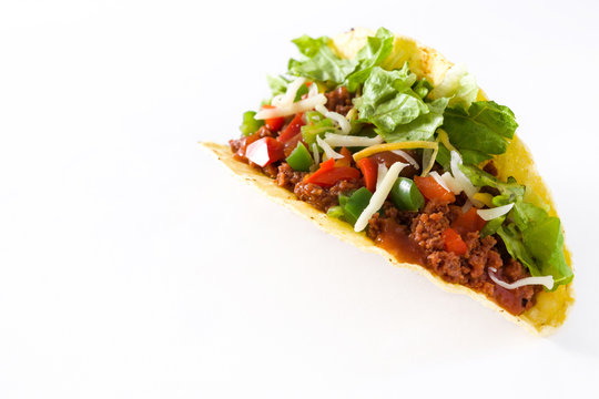 Traditional Mexican tacos with meat and vegetables, isolated on white background
