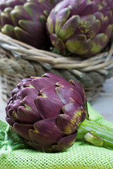 Fototapeta premium Fresh big Romanesco artichokes green-purple flower heads ready to cook