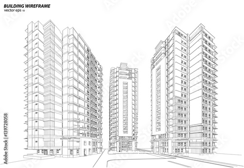 perspective 3d render of building wireframe stock image and
