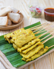 Pork satay with roasted bread and spicy sauce,thai style cusine food