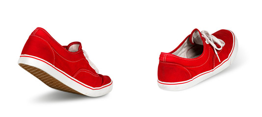empty red ghost shoe sneaker walking away isolated on white background / Geisterschuhe rot laufen...