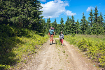 Fototapeta premium Father and son with backpacks walk along the road