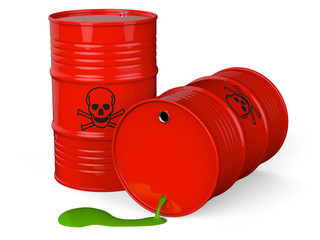 Rotes Fass mit Giftmüll und Pfütze isoliert weißer Hintergrund © Thomas Söllner