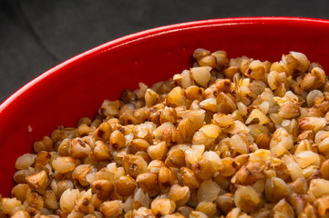 buckwheat cereal in a red bowl