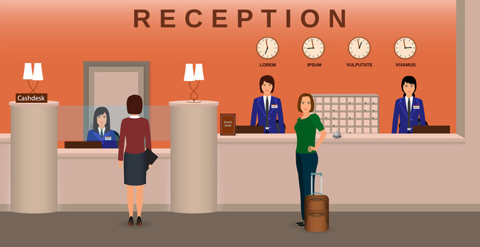 Hotel reception interior with employee and guests. Concierge desk and cashbox. Resort welcoming concept.