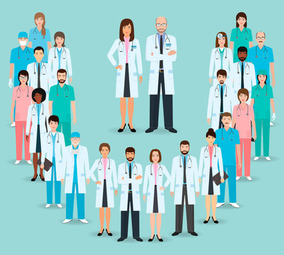 Group of doctors and nurses standing together. Medicine banner. Medical team. Flat style vector illustration.