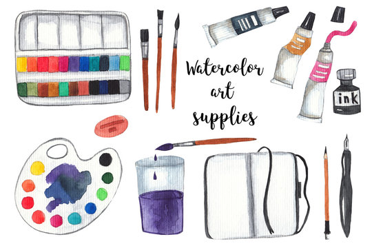 Art supplies on white isolated background. Paints, palette, brushes, ink, sketchbook, pencil and pen. Watercolor illustration
