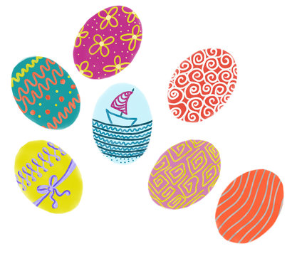Hand drawn colorful Easter eggs on white background, isolated illustration painted by watercolor and oil
