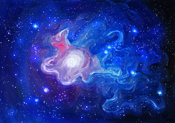 Oil colors space. Abstract cosmic background. Oil hand-drawn illustration - obrazy, fototapety, plakaty