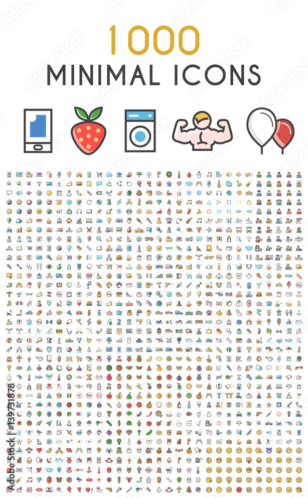 Poster set of 1000 minimalistic solid line colored . isolated vector elements