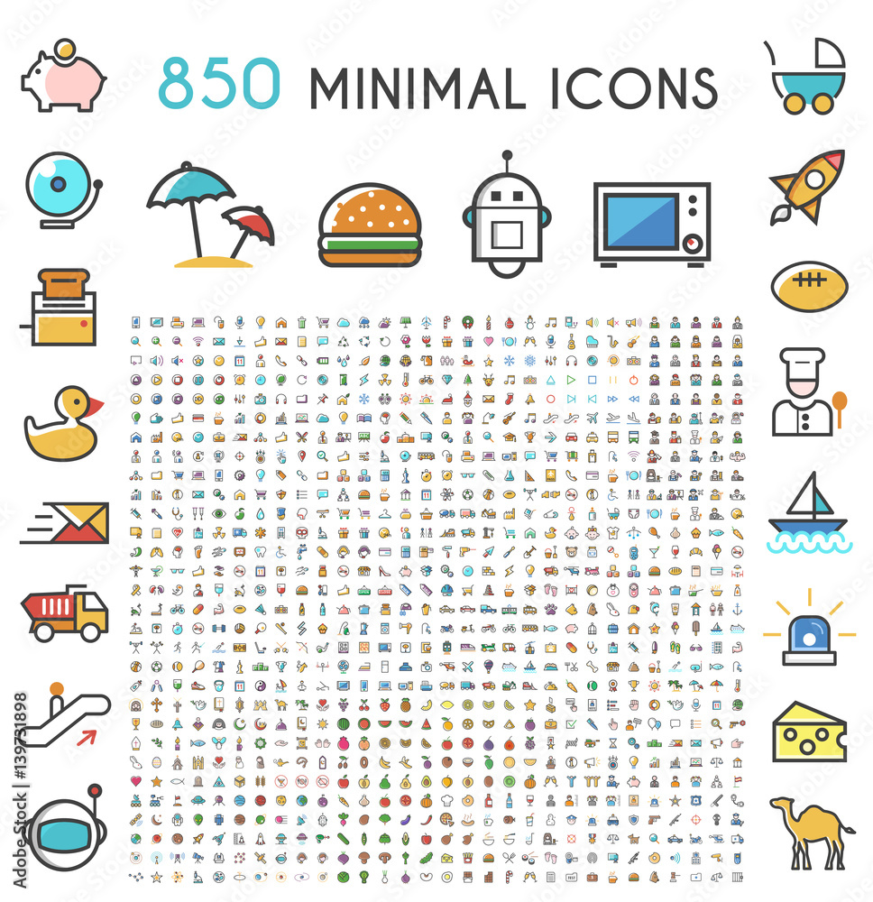 Poster set of 850 minimalistic solid line colored . isolated vector elements