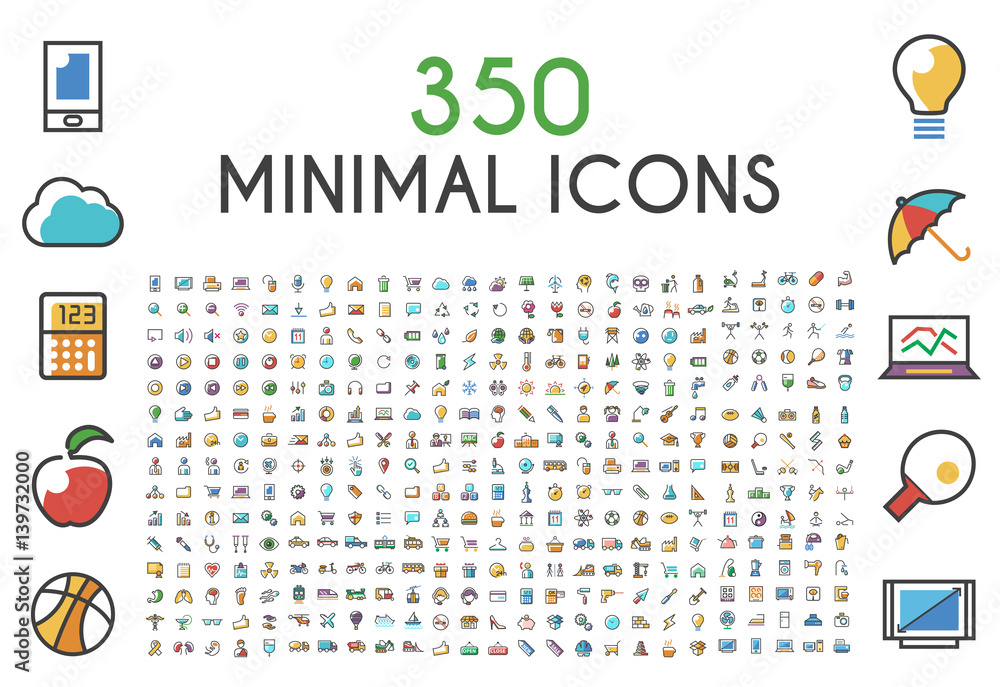Poster set of 350 minimalistic solid line colored . isolated vector elements