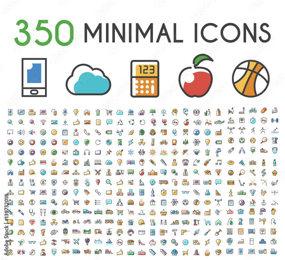 Poster set of 350 minimalistic solid line colored . isolated vector elements