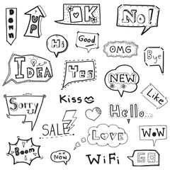 Collection of speech bubble with words hand drawn doodle vector illustration