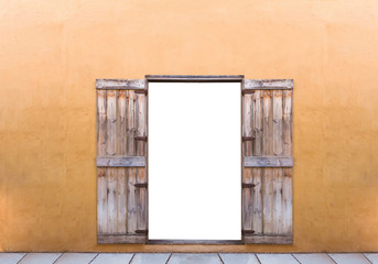 Old wooden door, both doors are open to the orange walls .with clipping path.