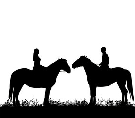 Vector, silhouette of a guy and a girl on horseback, walk