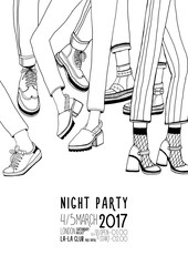 Night party hand drawn contour poster with dancing legs. Dance, event, festival vector Illustration placard.