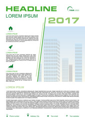 Vector flyer, corporate business, annual report, brochure design and cover presentation with green line and vector buildings