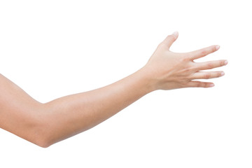 right back hand of a woman trying to reach or grab something. fling, touch sign. Reaching out to...
