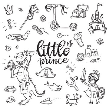 Little prince funny graphic set. Boy in armor and cloak, sword, dragon, scooter, the pirate chest, castle, dog, boys treasures, Isolated elements on a white background