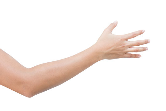 right back hand of a woman trying to reach or grab something. fling, touch sign. Reaching out to the left. isolated on white background