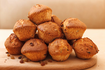 Muffins with raisins . Homemade cake with Icing Sugar