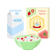 Breakfast set - milk, cereal, berries. Healthy food in flat style.