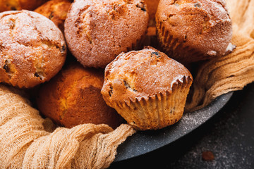Muffins with raisins . Homemade cake with Icing Sugar