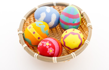 Colorful handmade easter eggs in a basket
