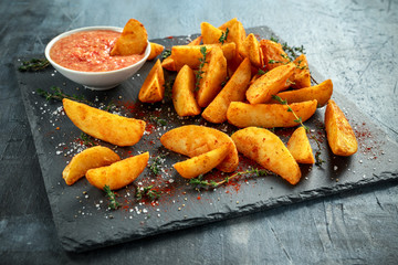 Fried potato wedges with hot salsa sauce, herbs on stone board