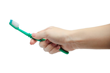 woman manicured hand holding a toothbrush isolated on white background