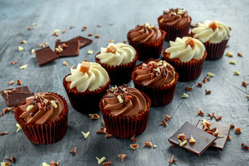 Chocolate and vanilla caramel cupcakes served with dark and white chocolate chippings