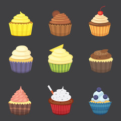 Set of cute vector cupcakes and muffins. Colorful cupcake isolated for food poster design.