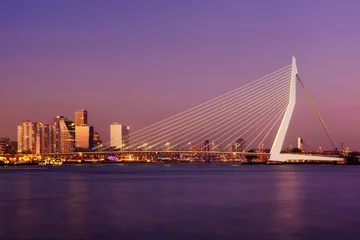 Photo sur Plexiglas Pont Érasme Incroyable coucher de soleil sur le pont Erasmus et plusieurs gratte-ciel à Rotterdam, Hollande.