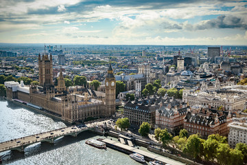 Aerial view of Big Ben, Parliament Building and Westminster Bridge on River Thames, London, UK,...
