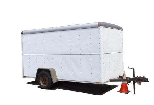 Isolated Side And Rear View Of  White Two Wheel Utility Trailer.