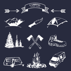 Vector set of vintage camping elements for logos, tourism emblems, badges. Retro signs collection of outdoor adventures.