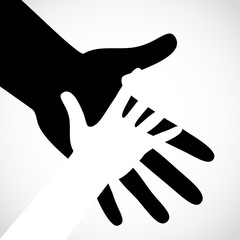 Black color big hand and white small hand concept. Help symbol hands support emblem. Hands icon illustration. Education, health care, medical, design element.