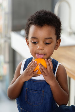 Petit gar&ccedil;on qui l&egrave;che une orange dans la cuisine