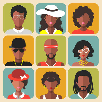 Vector set of different african american women and man app icons in trendy flat style.