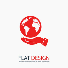 Globe icon with hand, vector illustration. Flat design style