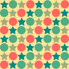 Retro seamless abstract pattern - star alternating circle in muted vintage colors of red, blue, green and tan