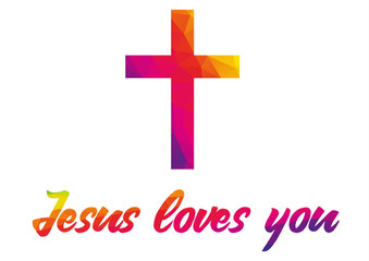 Fototapeta premium Poster with christian cross and quote Jesus loves you made of rainbow colorful polygonal abstract shapes, on white background - can be easily isolated, simple but impressive