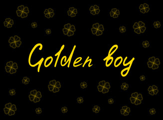 Saint Patrick's Day greeting card with gold  tender clover leaves and text on black background. Inscription - Golden boy. vector illustration.