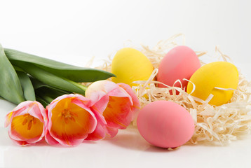 Fototapeta na wymiar Multicolored eggs, yellow and pink tulips over white background. 