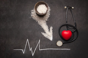 Cardiogram of heart beat on dark background with stethoscope. Concept of healthy lifestyle.