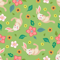 Seamless floral pattern with cute bunnies.